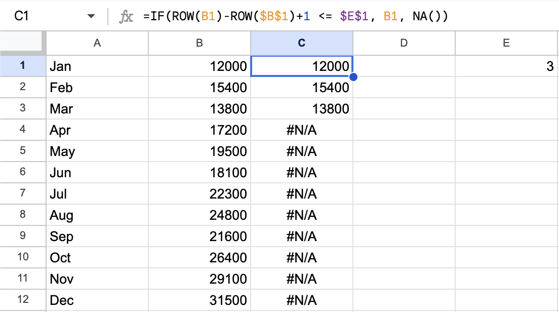 Google Sheets spreadsheet showing the helper cell E1 and the display column with IF/NA formula