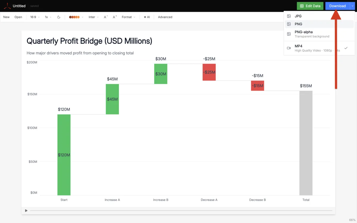 Download dropdown showing JPG, PNG, and MP4 export options